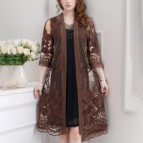 Image of FindThy Women's Floral Lace Embroidery Cardigan 3 /4 Sleeve Sheer Mid-Long Coat Kimono Coverups