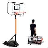 Aro de baloncesto ajustable con tablero, configuración sin herramientas y ruedas todo terreno para entrada, juego en interiores y exteriores