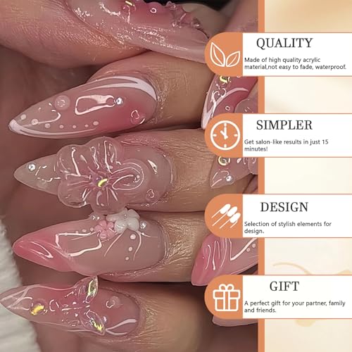 GlamRays 24 Piece Almond Shaped Flowers Pearl 3D Waves Nail Art Set Full Wrap Nail Nails Suitable for Women and Girls - Image 4