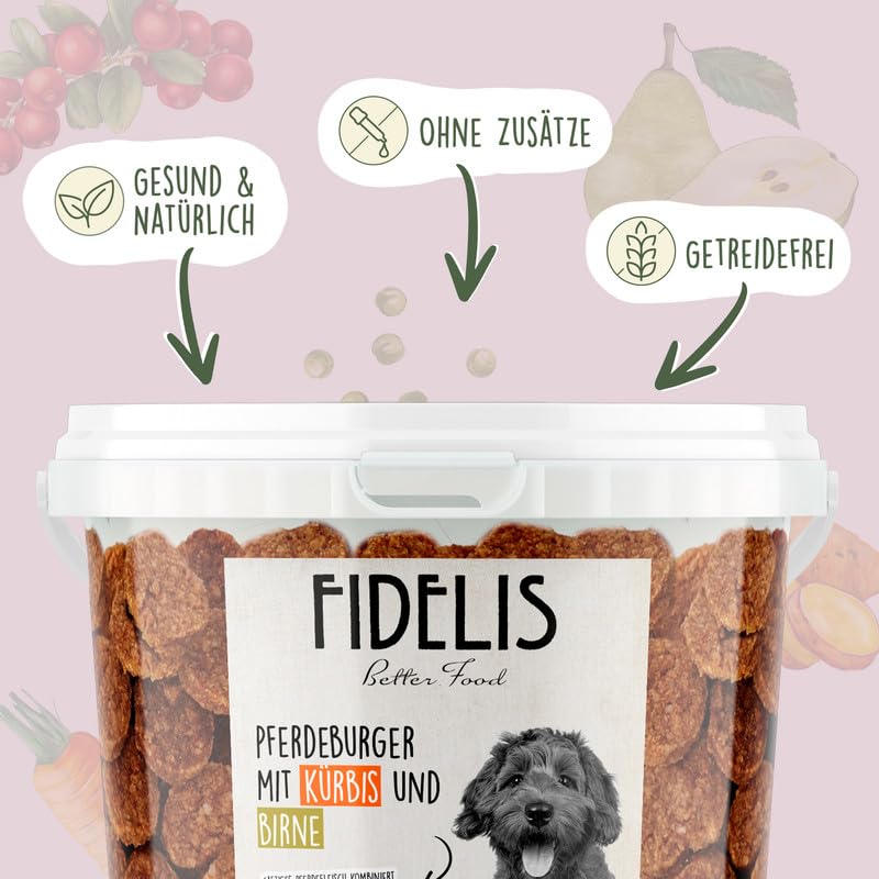 Fidelis - Pferdeburger Häppchen Kürbis & Birne für Hunde im praktischen 1kg-Eimer - Luftgetrocknete Hunde Leckerlis aus 100% natürlichen Rohstoffen