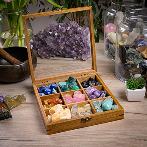 Curawood Rock Display Case - Organize Your Gemstones In 9 Grids - Crystal Holder For Stones Display - Healing Crystal Storage Box - Crystal Organizer Showcase - Crystal Display Case With Acrylic Lid #TOP2