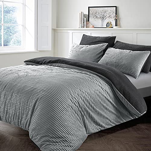 Velosso Teddy Cord Plush Cosy Reversible Corduroy Fleece Duvet Cover Quilt Bedding Set with Pillow Case Thermal Warm Fluffy Super Soft (Sparkle Glitter Silver Grey, Double)