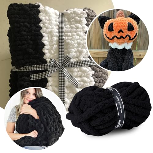 Image of 8 Packs Jumbo Chunky Chenille Yarn - 2040g(72oz) 245 Yards (224m) Bulky Yarn - Chunky Yarn for Hand Knitting Blanket,Cushions, Pet Bed - Soft and Durable(Black)