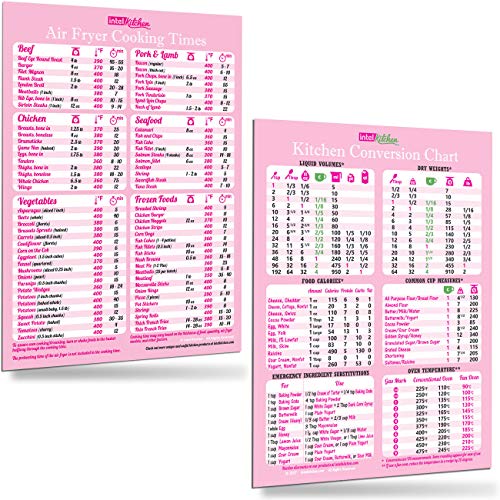 Pink Gifts Set: Accurate Air Fryer Cooking Times and Handy Kitchen Conversion Chart Magnets (Pink 8"x11") Measuring Baking Frying Big Text More Food Types Cheat Sheet Recipes Cookbook Accessories