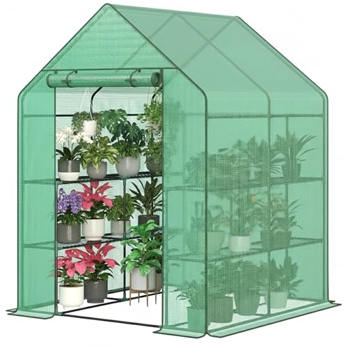 SG Traders Walk In Greenhouse with 8 Shelves - Weatherproof Garden Grow House with PE Cover - Portable Heavy Duty Frame Outdoor Green House for Garden, Roll-Up Door Panel with Zipper, Easy to Assemble