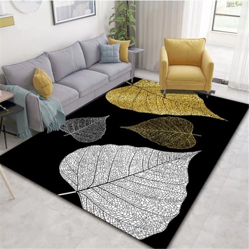 Tapis de décoration design motif feuille noir gris jaune élégant 160x230