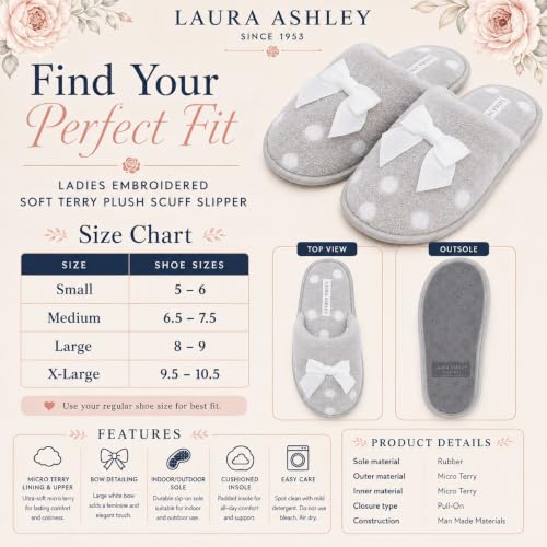Image of Laura Ashley Ladies Embroidered Soft Terry Plush Scuff Slipper