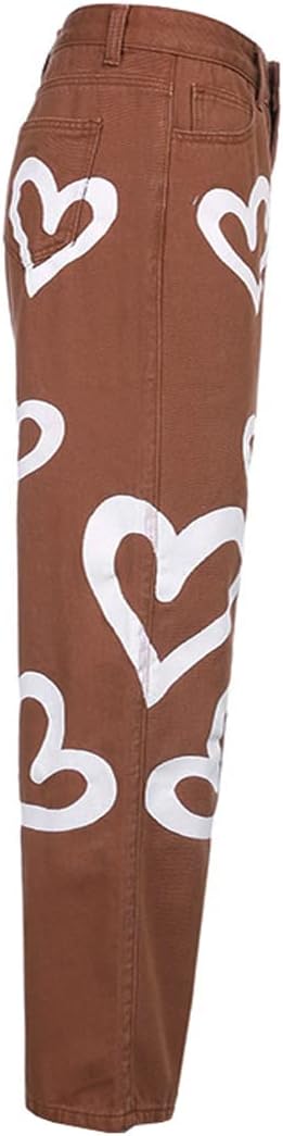 Heart Print Jeans for Women Fashion Wide Leg High Waist Denim Pants Boyfriend Jeans Loose Fit Vintage Jeans for Teen Girls - Image 4