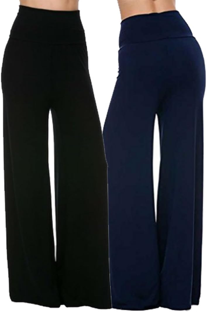 Superline Wide Leg High Fold Over Waist Palazzo Pants (Large, 2 Pack: Black & Navy)