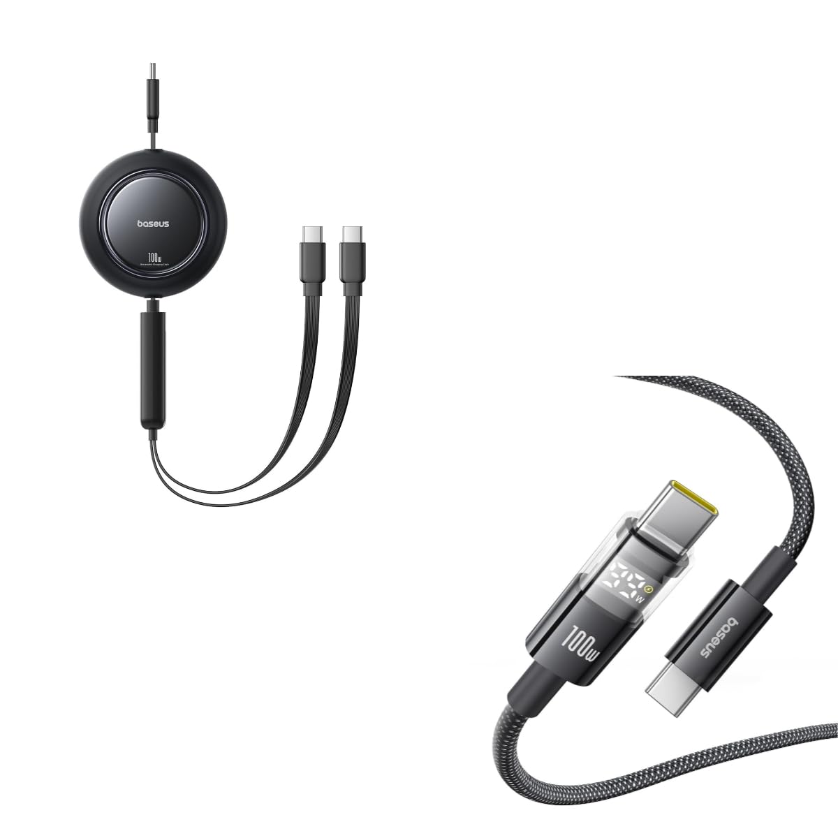 Cable USB C retráctil Baseus de 100 W y cable cargador USB C de 100 W con pantalla LED