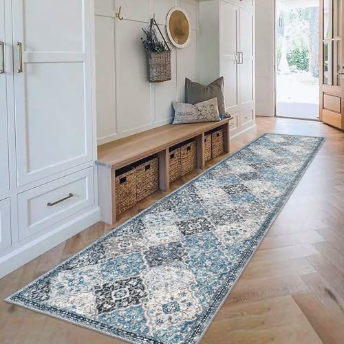 KILOCOCO 2x10 Runner Rug, Moroccan Super Soft Washable Hallway Entryway Runner Rug, Accent Print Faux Wool Kitchen Runner Non-Slip Boho Carpet for Laundry Room Bedroom, Blue/Multi