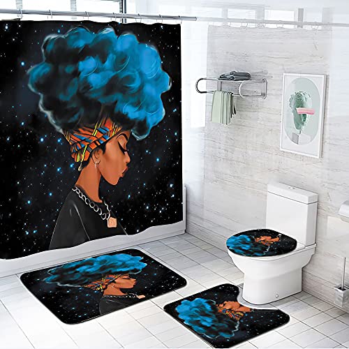 Rideau Douche Black Blue Girl Tapis de Bain Ensemble 4 Pièces, Rideau de Douche Anti Moisissure Polyester+Type U Tapis Salle de Bain Extérieur Antiderapant+Doux Tapis(45x75)+Epaissir Tapis WC