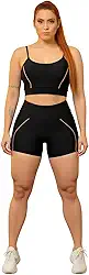 Conjunto Esportivo Feminino, Top e Short Preto com Detalhes em Linha, Roupa Fitness Academia e Corrida