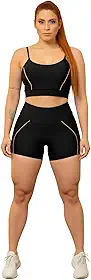 Conjunto Esportivo Feminino, Top e Short Preto com Detalhes em Linha, Roupa Fitness Academia e Corrida