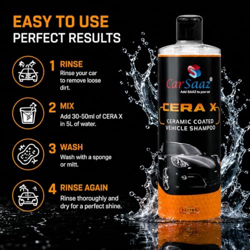 Image of CAR SAAZ Cera X Ceramic Car & Bike Wash Shampoo 1 Litre with Microfiber Cloth 380 GSM | Car Shampoo for CERAMIC Coated Vehicles | pH Neutral, Super Suds, Highly Effective (1000 ml)