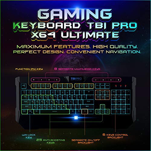 [Upgraded 2020] Gaming Membrane Keyboard with Mechanical Feel Clicks, LED RGB Backlight 104 Keys + 8 Multimedia & Ergonomic Stand - Anti-Ghosting, Palm Rest - for PC/MAC/Computer/Desktop Pro Gamers - Thumbnail 4
