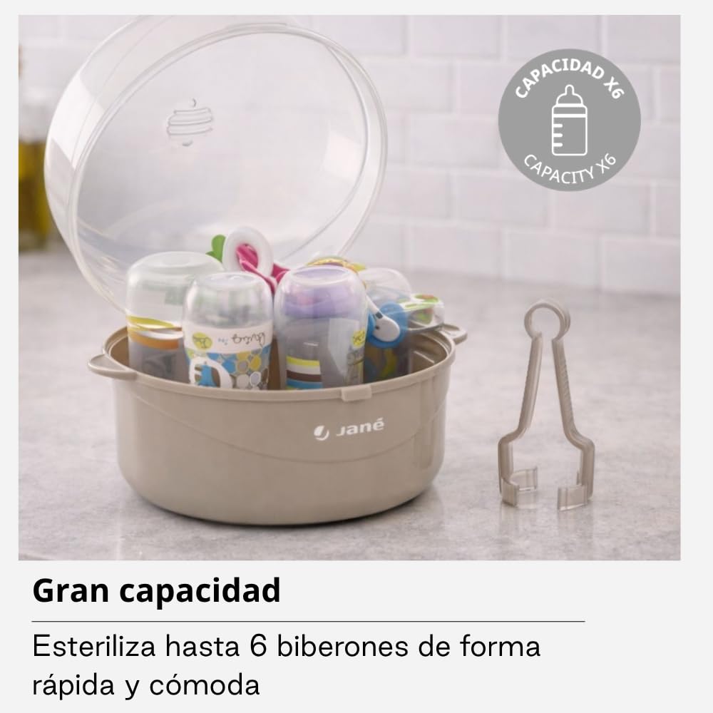 Jané Sterilizzatore per Microonde 6 Biberon, con Cestello per Tettarelle e Pinza, BPA Free, Grigio