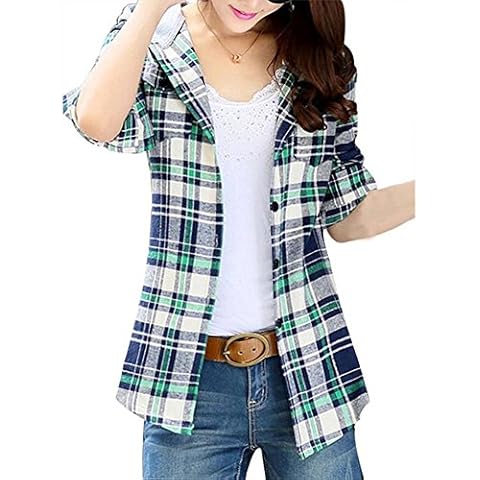 Women Hoodies Long Sleeve Plaid Checkered Button Down Drawstring Hooded Shirt Sweatshirts Cardigan Blouse (L, Green) Cover