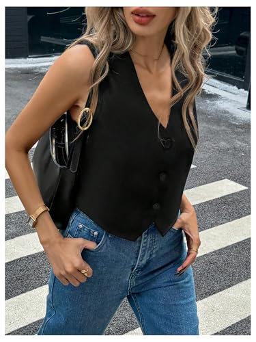 Milumia Women's V Neck Sleeveless Blazer Vest Top Button Front Going Out Crop Tank Top2
