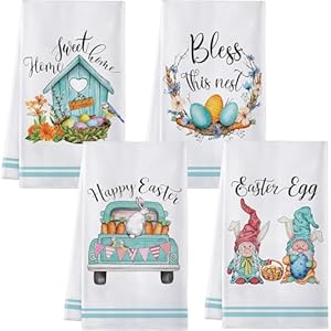 4PCS Happy Easter Kitchen TowelsGnome Egg Truck Bunny Dish Towels 18×26 InchEaster Kitchen Decor Towels Kit Novelty Gift Farmhouse Decor Housewarming