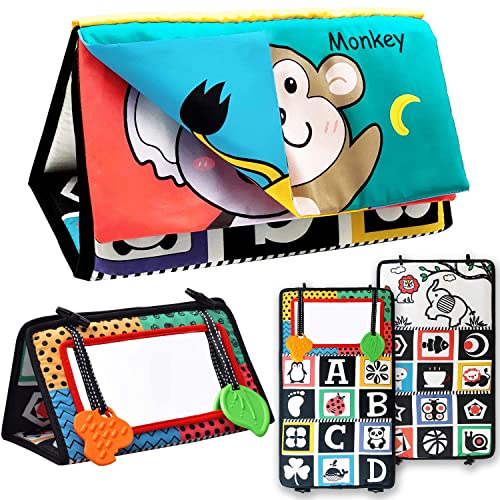 Image of DPTOYZ Tummy Time Mirror Baby Toys, Newborn Toys with Crinkle Soft Book,High Contrast Black & White Developmental Sensory Toys Montessori Toys Gifts for Babies 0-6 Months