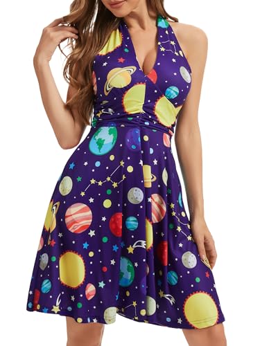 Image of Women's Festival Dress- Halter V Neck Sleeveless Ruffle Mini Dresses with Pocket