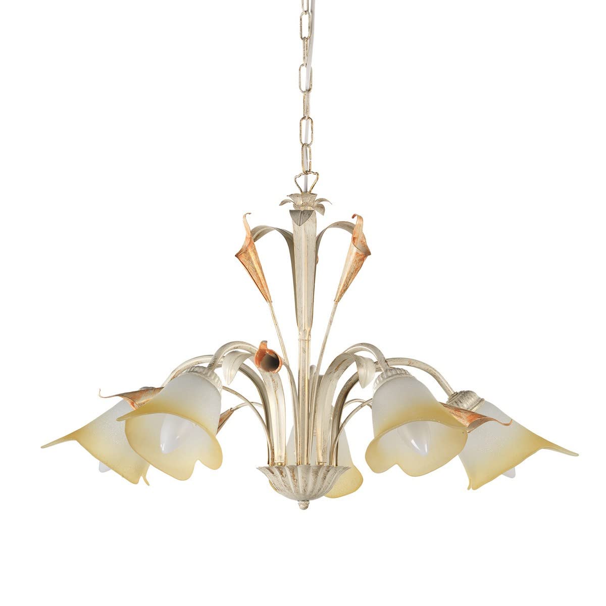 Onli Lucrezia - Lampadario 5 Luci. Struttura in Metallo Color Avorio. Paralumi in Vetro Satinato