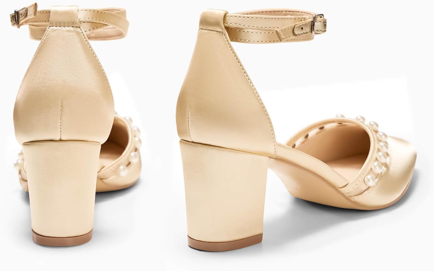 Coutgo Womens Pearl Chunky Heels Wedding Shoes for Bride Closed Pointed Toe Ankle Strap Satin Pumps - Image 5
