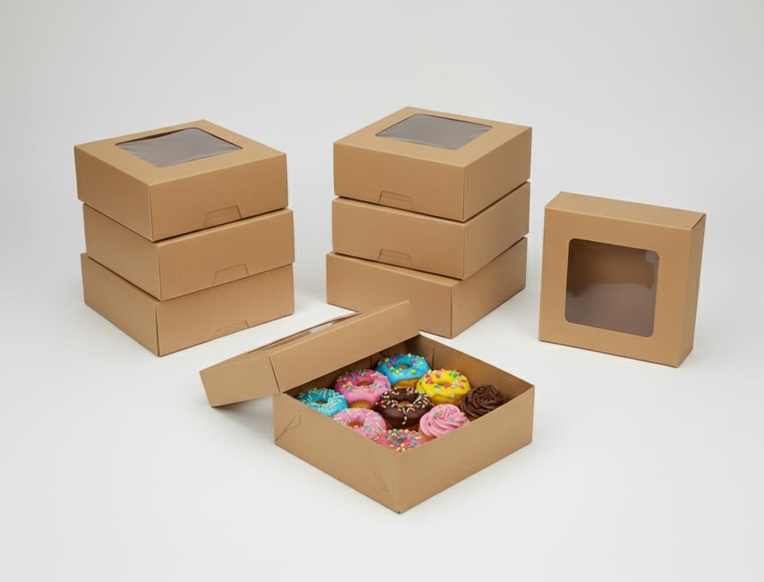 DIYAWALA 6x6x2 Inch Kraft Bakery Boxes with Clear Window | Cookies, 4-Brownie,