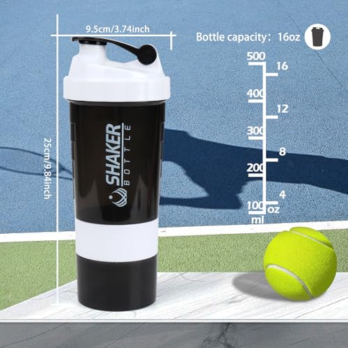Image of Shaker Bottle,16oz Protein Shaker Bottles with Mixing Ball, 3 in 1 Leak-proof GYM Shake Cup with Powder Storage & Pill Tray, Ideal for Workout,BPA Free (White)