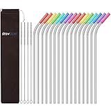 StrawExpert Reusable Stainless Steel Straws Curved with Silicone Tips | Case | Cleaning Brush Fit Yeti Tervis Rtic 30 oz 20 oz Tumbler Long Metal Straws Drinking for Drinks (10.5