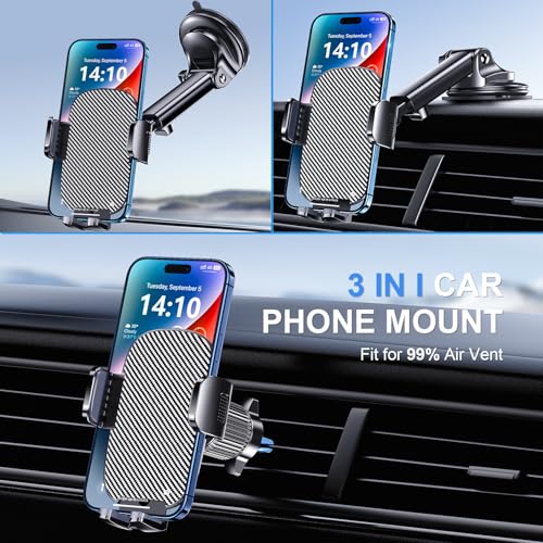 TICILFO Phone Mount for Car Phone Holder [Military-Grade Suction & Stable Clip] Car Phone Holder Mount Windshield Dashboard Air Vent Universal Automobile Mount Fit for All Dash Mounting Kits iPhone
