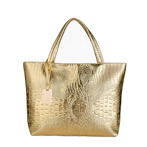 Valentoria, zum Vatertag mit Week-handicrafts echtes Leder in Krokodillederoptik, Damen, modern, handgefertigt, Einkaufstasche, Handtasche, Schultertasche, Handtasche Gold Gold