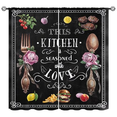 FengMingRui Vintage Rustic Kitchen Curtians Flower Fruit Fork and Spoon Cook Western Food Cottage Blackout Window Treatment for Retro Cafe Restaurant Living Bedroom Home Drapes 42" W X 45" L