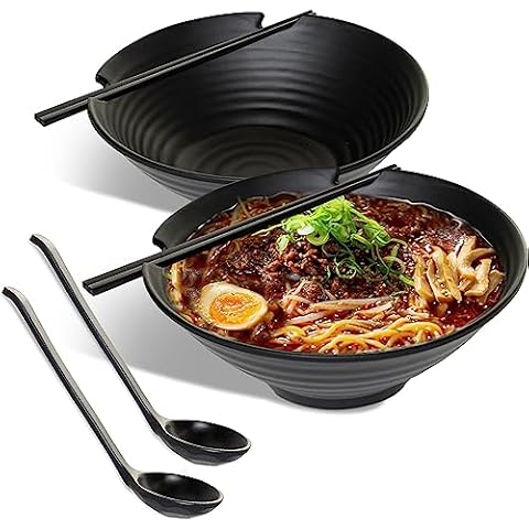HEFTMAN Juego de 2 cuencos de ramen japonés - elegantes cuencos de ramen de 1000 ml, aptos para lavavajillas, juego de cuencos de fideos de plástico duradero - Con cucharas y palillos a juego Cover
