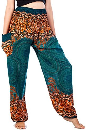 Lofbaz Women's Smocked Waist Rose Flower Boho Pants One Size Teal Green