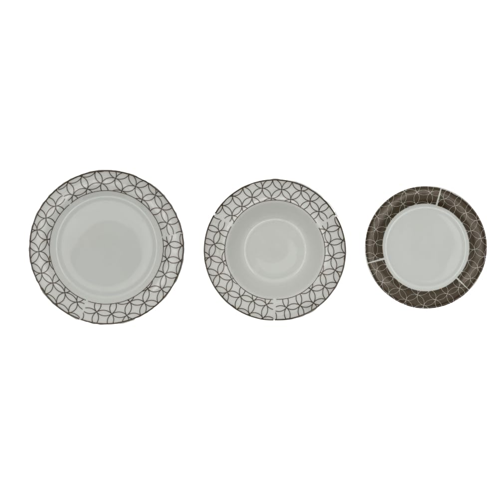Brill Tortora – Servizio piatti in porcellana 18 pezzi (6 piani Ø24, 6 fondi Ø22, 6 dessert Ø19) – finitura lucida, design geometrico, adatti a lavastoviglie e microonde
