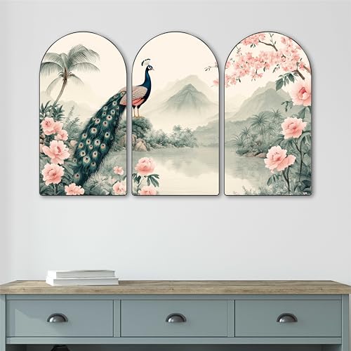 Image of Livin'luxe Peacock Wall Art | Set of 3 MDF Panel Paintings | Scenic Mountain & Floral Theme Decorative Wall Hanging for Living Room, Bedroom, Office & Home Interiors (20 x 30 Inch) RPNS-09