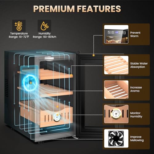 Mojgar 26L Thermostatic Electric Humidor, 200 Counts Large Cigar Humidor, Cooling and Heating Temperature Control Cabinet Cigar Fridge with Spanish Cedar Wood & Hygrometer