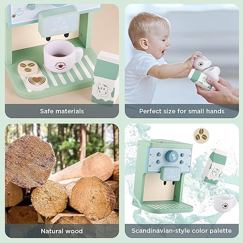 Image of Wooden Coffee Machine Toy Set with Acessories- Pretend Play Toys for Kids- Kitchen Toys for Girls & Boys