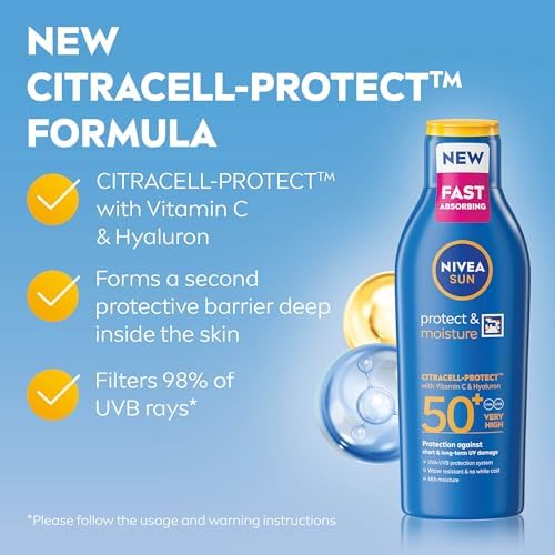 NIVEA SUN Protect & Moisture Sun Lotion SPF 50+ (200 ml), Suncream with Vitamin C and Hyaluron, Provides 48H Moisture and Immediate UVA/UVB Protection, Fast-Absorbing, No White Cast Formula - View 5