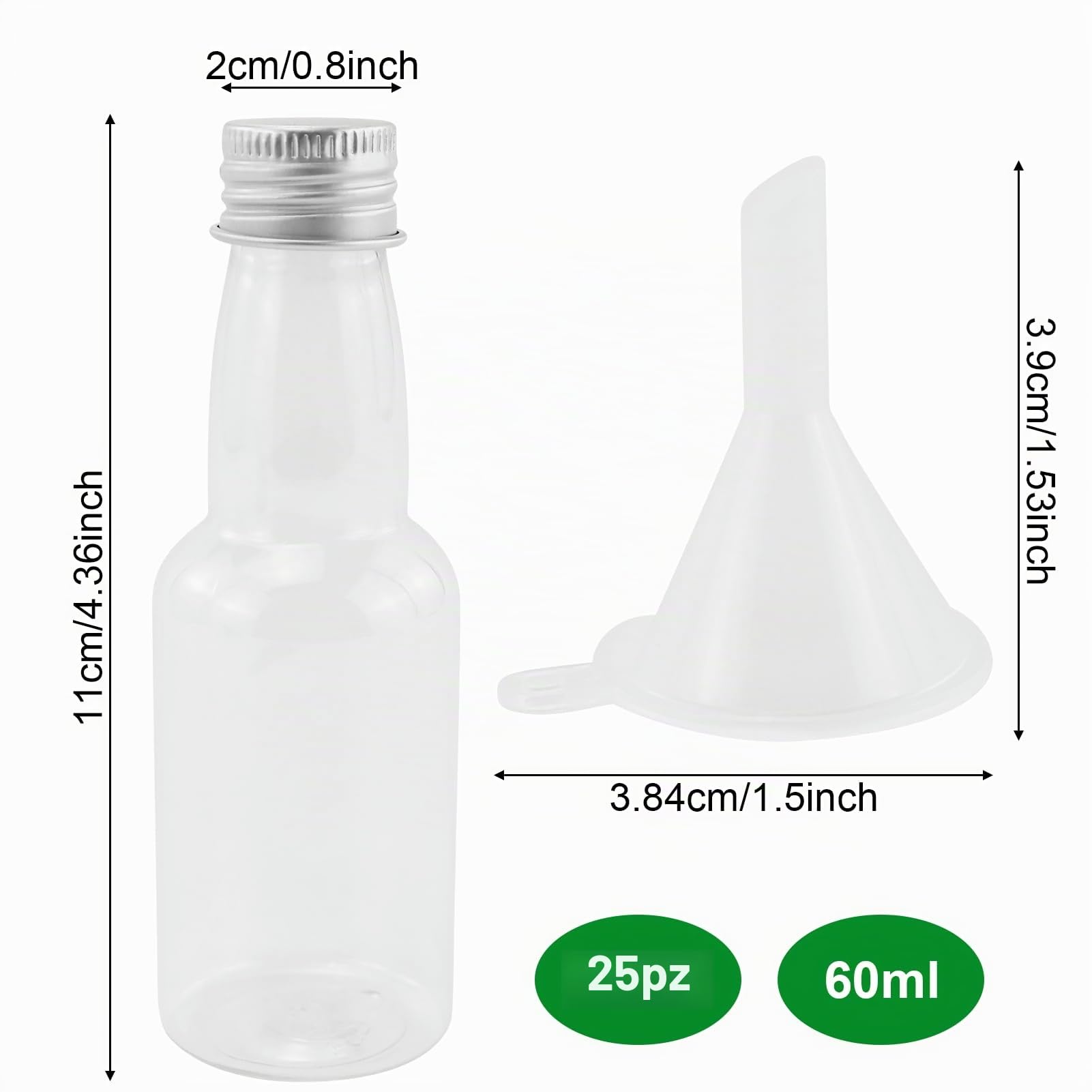 25 mini bottiglie di liquore da 50 ml, in plastica, con coperchio argentato e imbuto di stoccaggio