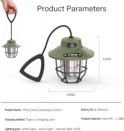 Miniatura 8 de Linterna de campamento de 1200 lúmenes, luz LED recargable con 4 modos de luz, linterna portátil USB al aire libre para campamento, senderismo,