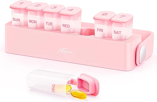 AMOOS Weekly Pill Organizer with Locking Mechanism, Travel Damp-Proof Pill Box Case 7 Day to Hold Vitamins, Fish Oils, Supplements, Transparent Inner Medication Organizer for Pocket, Purse, BPA-Free