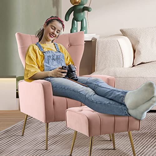 Yoodfo Accent Chair With Ottoman, Upholstered Modern Tufted Wingback Armchair With Footrest, Velvet Armchair With Golden Legs Modern Sofa Lounge Side Chair For Living Room, Bedroom 2 Set #TOP1