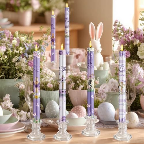 Image of Aurelema 6 Pcs Easter Flameless Candle Set He is Risen LED Flameless Taper Lent Candles with Battery Operated Purple Cross Christian Celebration Candles with Remote for Easter Spring Home Decor Gifts