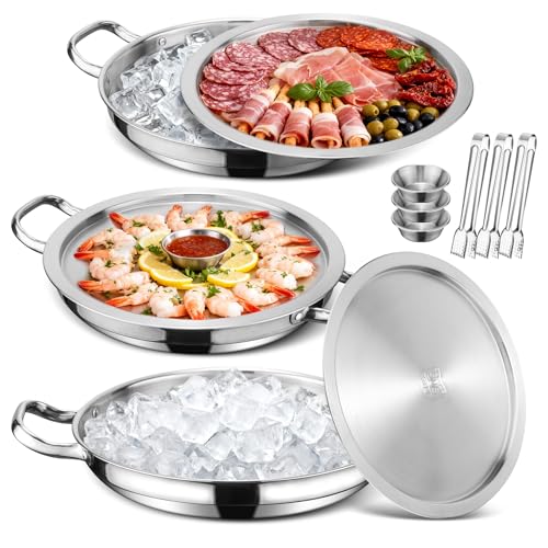 Image of 3-Set 12 Inch Chilled Serving Trays, Shrimp Cocktail Serving Dish, Cold Charcuterie Board with Ice Trays for Appetizer Oyster Salad Fruit Buffet Parties, Dishwasher Safe, Stainless Steel 18/10
