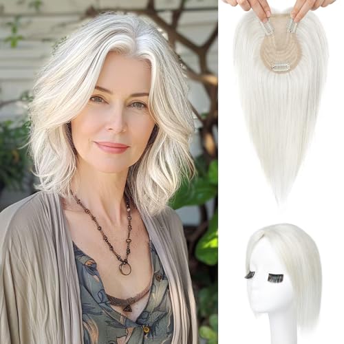 Flufymooz 100% Real Human Hair Toppers for Women, 10 Inch Clip in Human Hair Topper for Thinning Hair, 360°3D Cover Clip in Bangs Natural Hairpiece With 4.5'' x 3'' Silk Base-Silver White