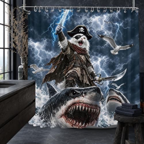 Image of Funny Cat Riding Shark Shower Curtain, Extra Long 108x72 in, Kids