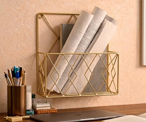 Image of Hanging File & Magazine Holder - Wall Mounted Metal Organizer for Newspapers, Documents & Office Storage | Decorative Wall Rack for Home & Workspace (Golden)